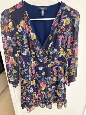 Aqua Navy Floral Wrap-Style Mini Dress with Pink, Yellow and Green Accents